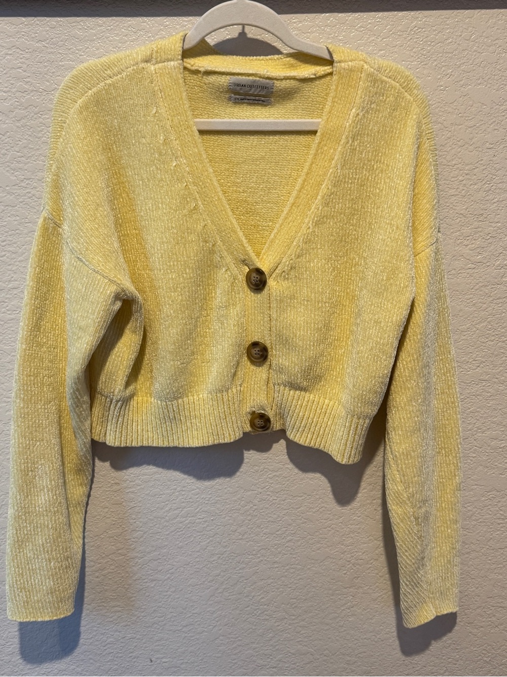 Urban Outfitters Pale Yellow V-Neck Button Chenille Knit Cardigan